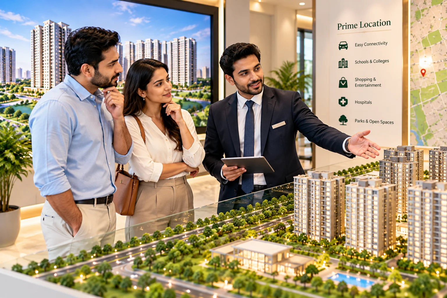 Hero Homes Plots Vrindavan gallery visual showing a real estate advisor presenting the project model to buyers
