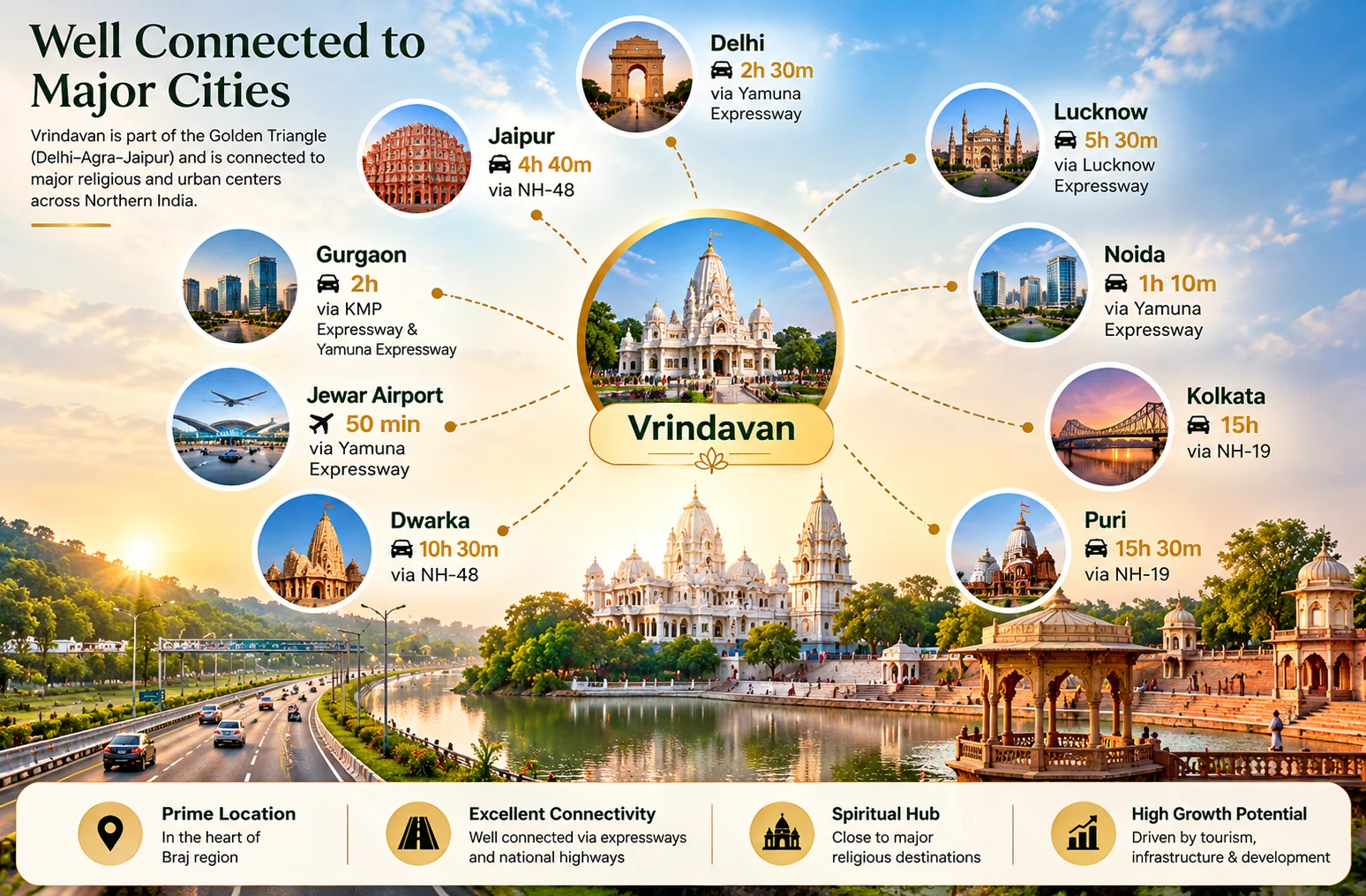Connectivity graphic showing Hero Homes Plots Vrindavan location access to Delhi, Jaipur, Lucknow, Noida, Kolkata, Puri, Dwarka, Jewar Airport and Gurgaon