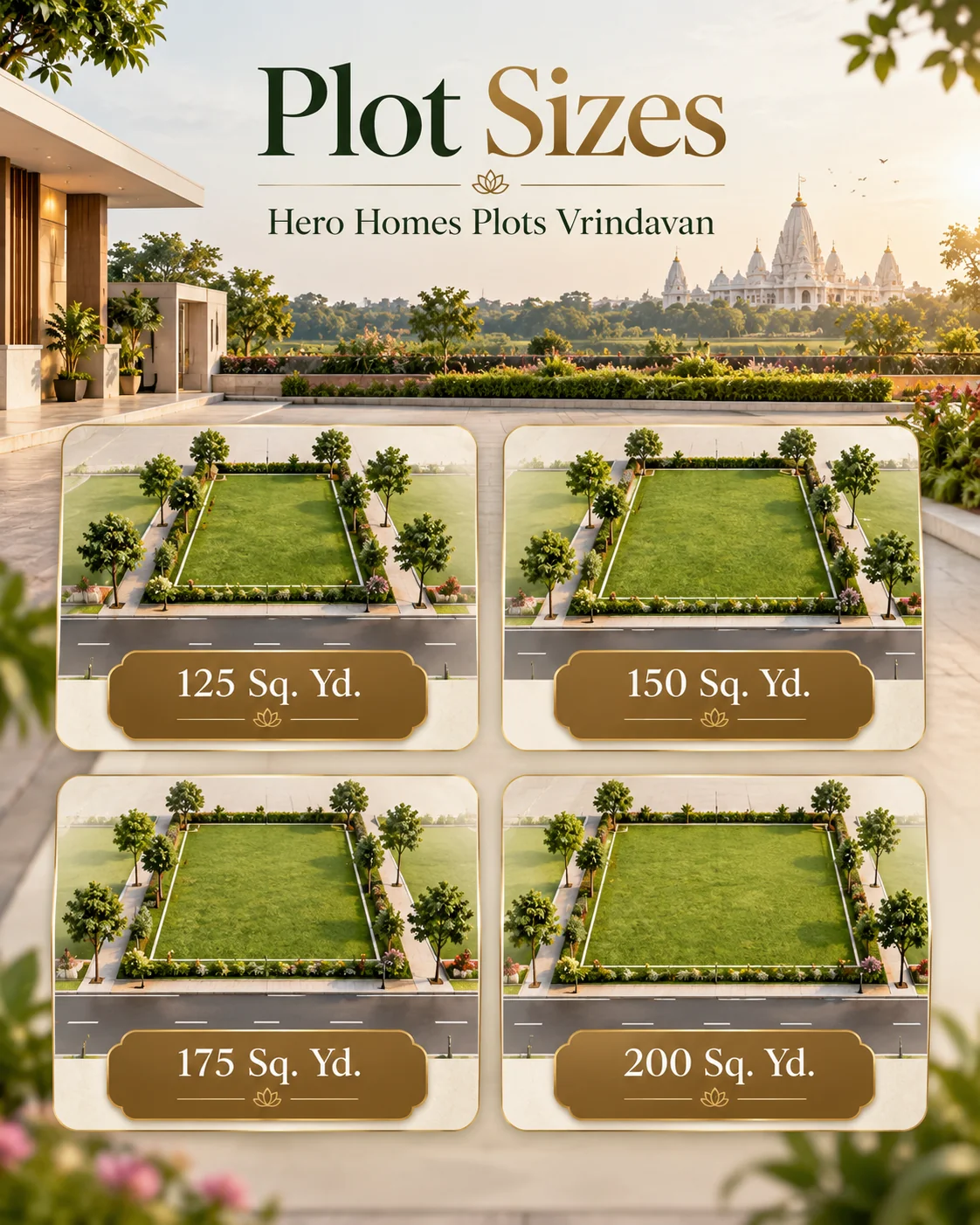 Plot sizes graphic for Hero Homes Plots Vrindavan showing 125, 150, 175 and 200 square yard options